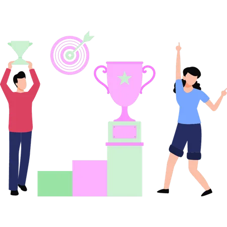 Boy and girl won  trophy  Illustration