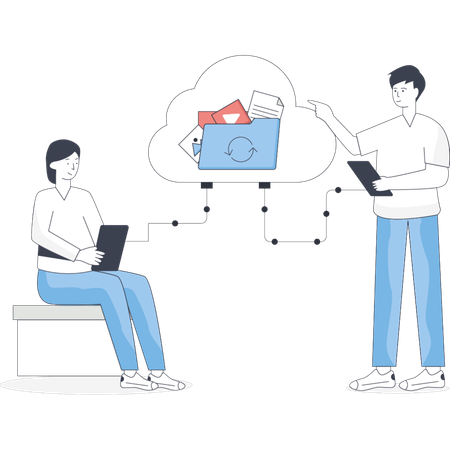 Boy and girl  working cloud folder connection  Illustration