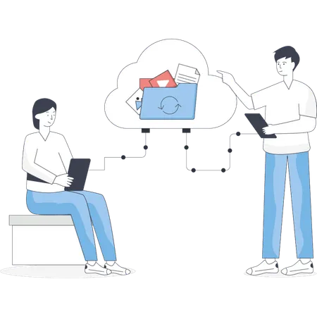 Boy and girl  working cloud folder connection  Illustration