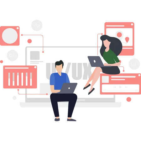 Boy and girl working in UX and UI  Illustration