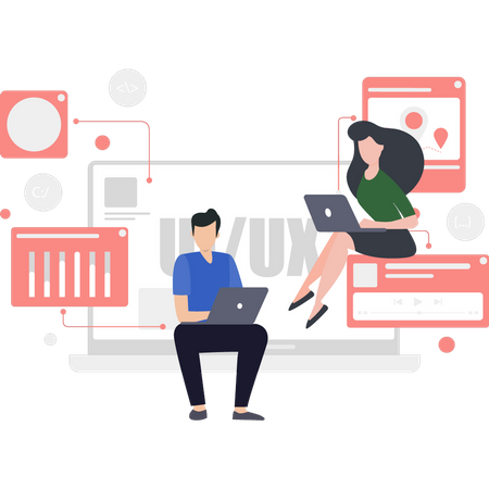 Boy and girl working in UX and UI  Illustration