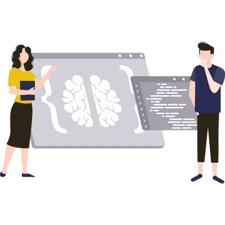 Boy and girl working on brain programming Illustration