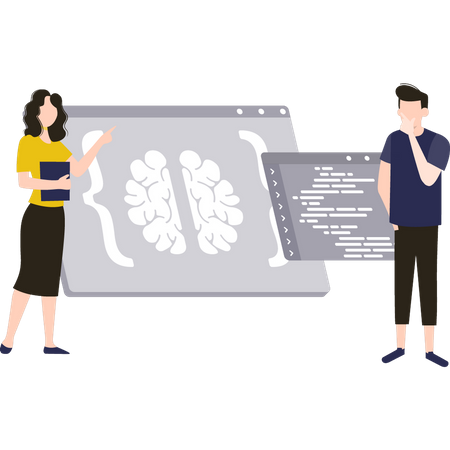 Boy and girl working on brain programming  Illustration