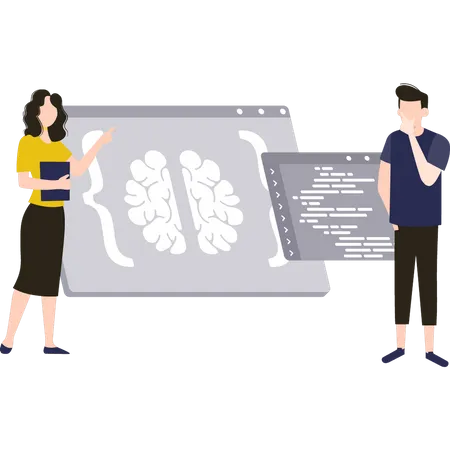 Boy and girl working on brain programming  Illustration