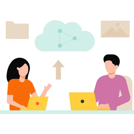 Boy and girl working on cloud sharing  Illustration