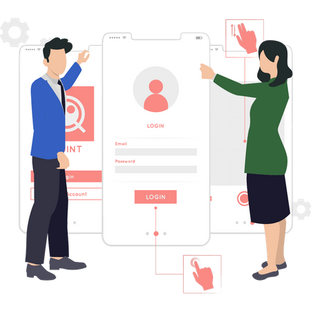 Boy and girl working on login page  Illustration