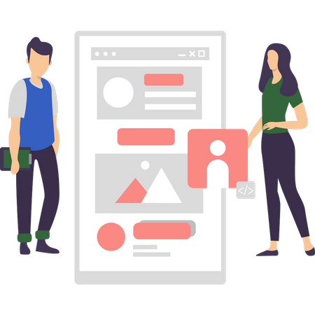 Boy and girl working on mobile application design  Illustration