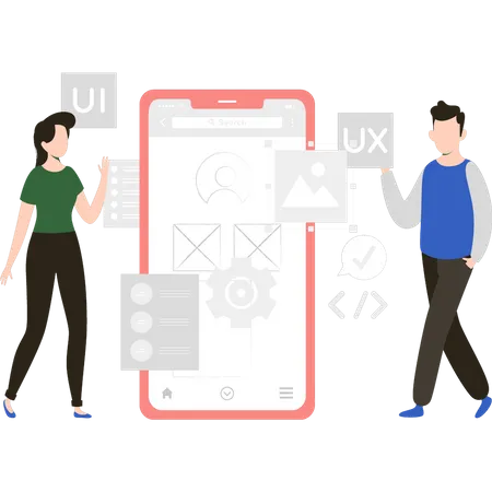 Boy and girl working on mobile programming  Illustration