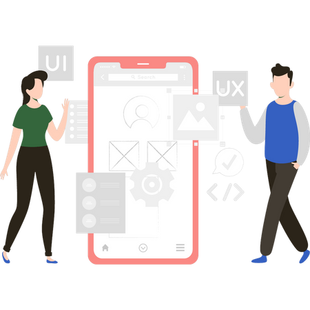 Boy and girl working on mobile programming  Illustration