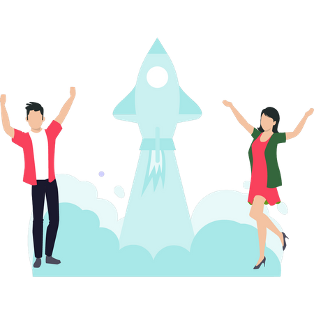 Boy and girl working on startup rocket  イラスト