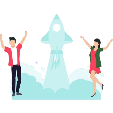 Boy and girl working on startup rocket  イラスト