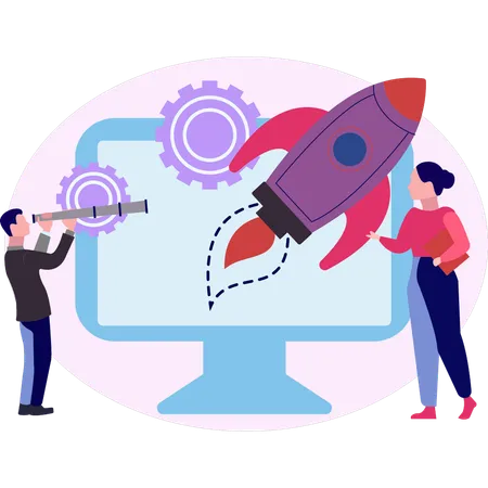 Boy and girl working on startup rocket  Illustration