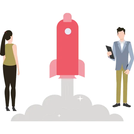 Boy and girl working on startup rocket  Illustration