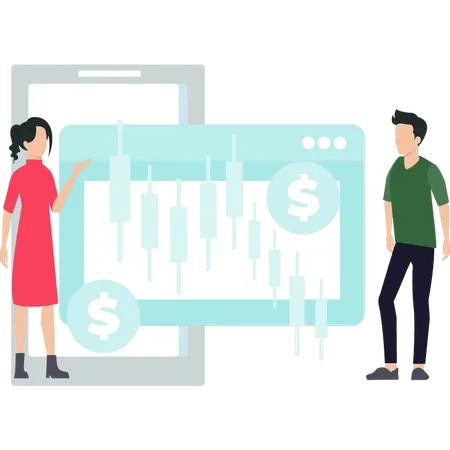 Boy and girl working on stock market analysis  Illustration