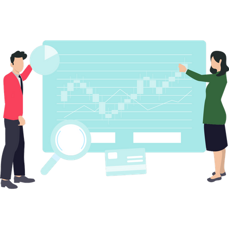 Boy and girl working on stock market graph  イラスト
