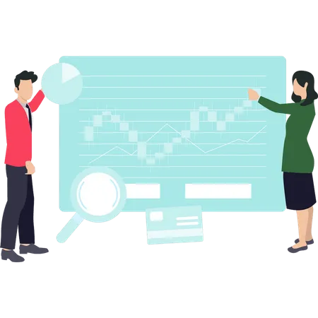 Boy and girl working on stock market graph  Illustration