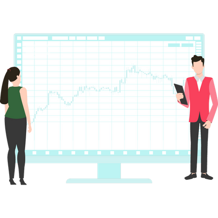 Boy and girl working on stock market graph  Illustration