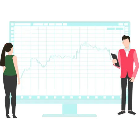 Boy And Girl Working On Stock Market Graph Illustration