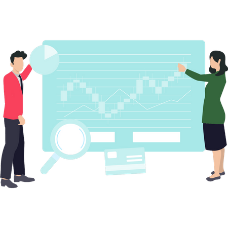 Boy and girl working on stock market graph  Illustration