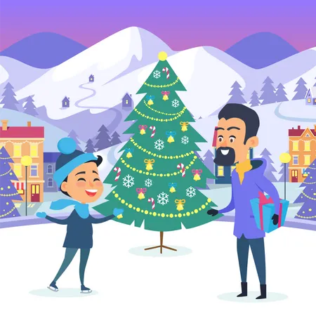 Little Smiling Boy And Man With Gift Box In Hand Near Decorated Christmas Tree On Urban Icerink Vector Illustration In Flat Design Of Celebrating New Year And Spending Xmas Winter Holidays Outdoors Illustration