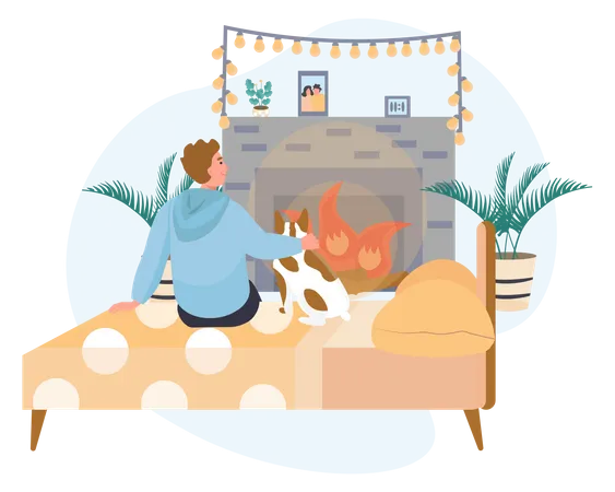 Boy and pet dog sitting in front of fireplace Illustration