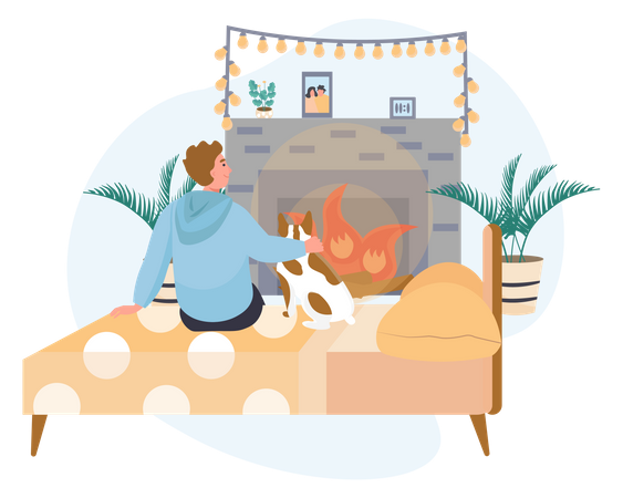 Boy and pet dog sitting in front of fireplace  Illustration