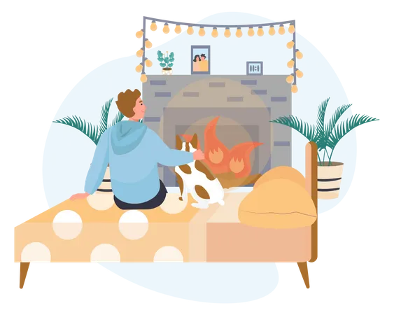 Boy and pet dog sitting in front of fireplace  Illustration