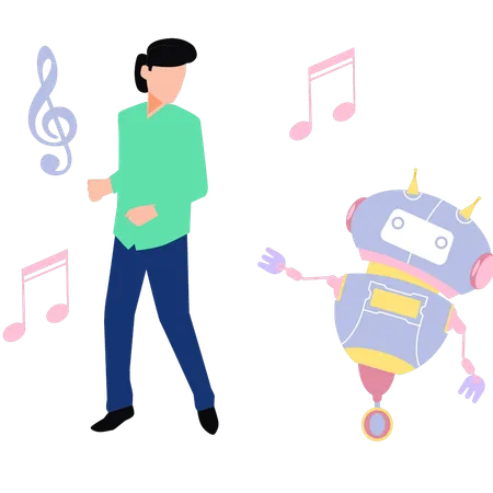 Boy And Robot Dancing To Music Illustration