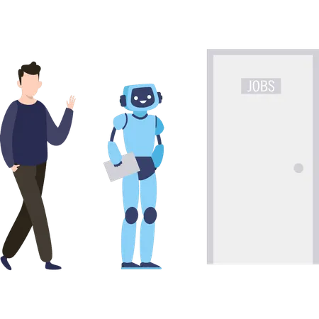 Boy and robot stand outside the job room  Illustration