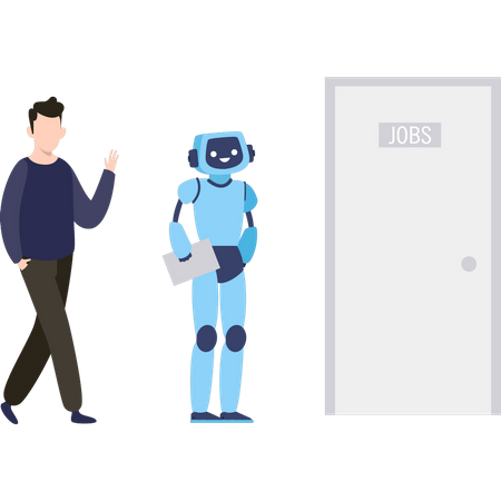 Boy and robot stand outside the job room  Illustration