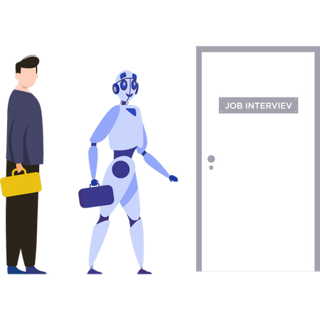 Boy and robot standing outside job interview room  Illustration