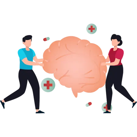 Boy and the girl are taking care of human brain  Illustration