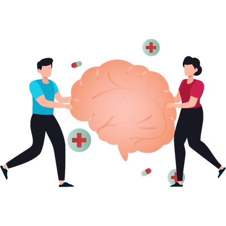 Boy and the girl are taking care of human brain  Illustration