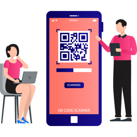 Boy and the girl are talking regarding barcode scan  Illustration