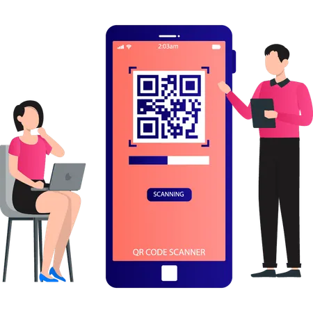 Boy and the girl are talking regarding barcode scan  Illustration