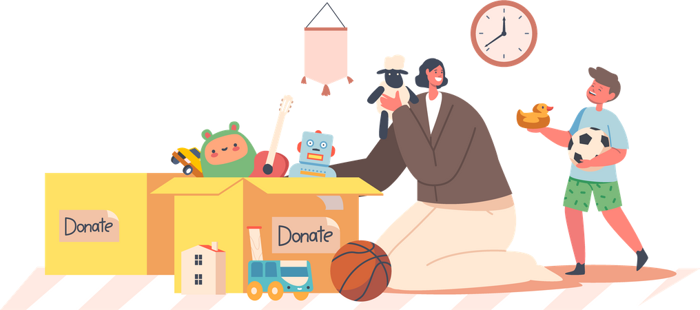 Boy and Volunteer Female Take Toys from Donation Box Illustration