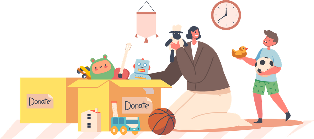 Boy and Volunteer Female Take Toys from Donation Box  Illustration