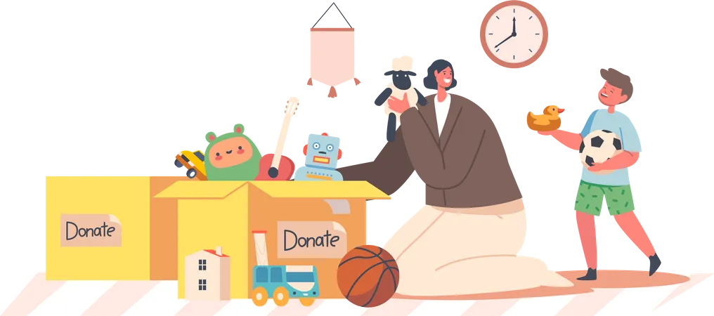 Boy and Volunteer Female Take Toys from Donation Box  Illustration