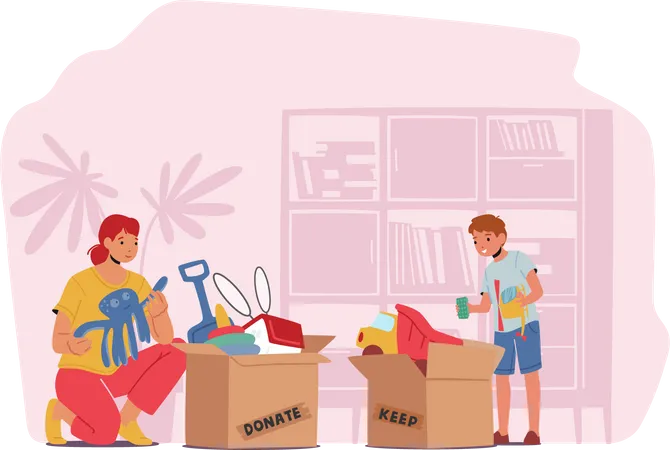 Boy and Volunteer Take Toys from Donation Box Illustration