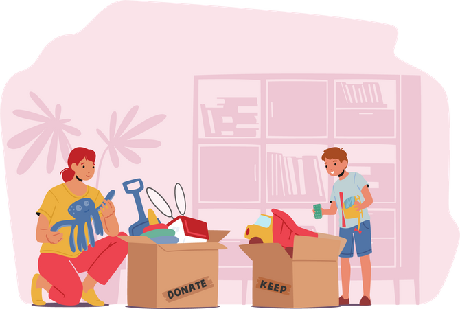 Boy and Volunteer Take Toys from Donation Box  Illustration