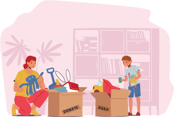 Boy and Volunteer Take Toys from Donation Box  Illustration