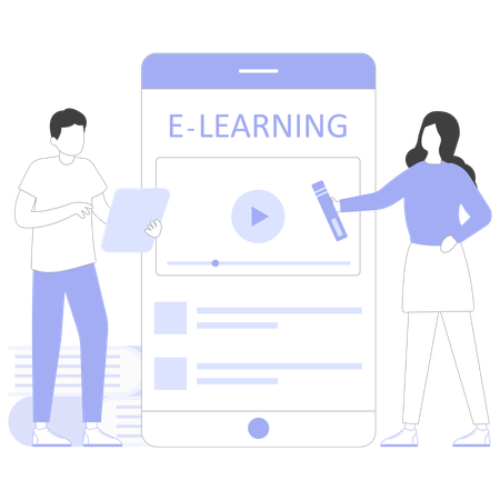 Boy and woman doing Online education  Illustration