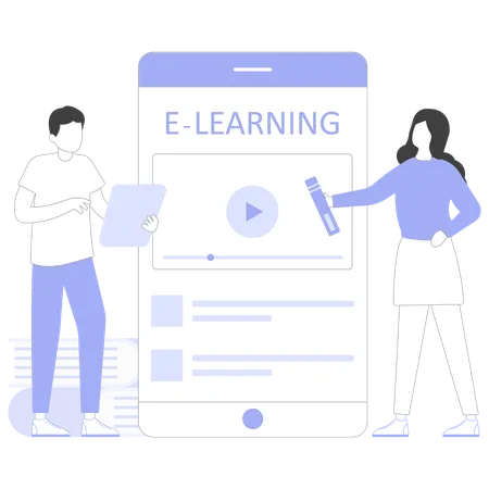 Boy and woman doing Online education  Illustration