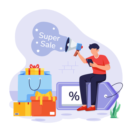 Boy announces shopping offer on clothes  Illustration