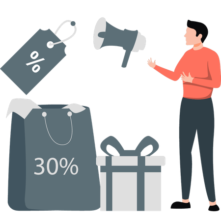 Boy announcing discount offer with rewards  Illustration