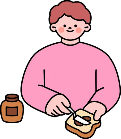 Boy applies chocolate jam on bread  Illustration