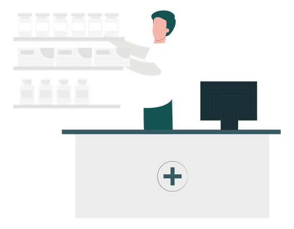 Boy Arranging Medicines At Pharmacy  Illustration