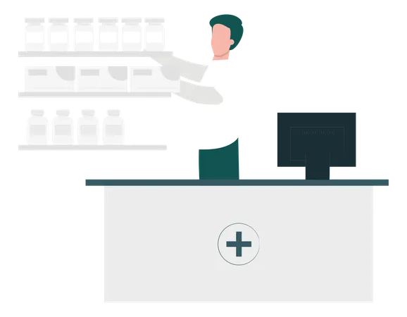 The Boy Is Arranging Medicines At The Pharmacy Illustration