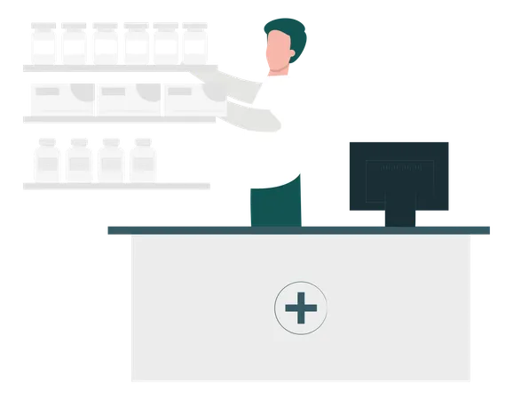 Boy Arranging Medicines At Pharmacy  Illustration