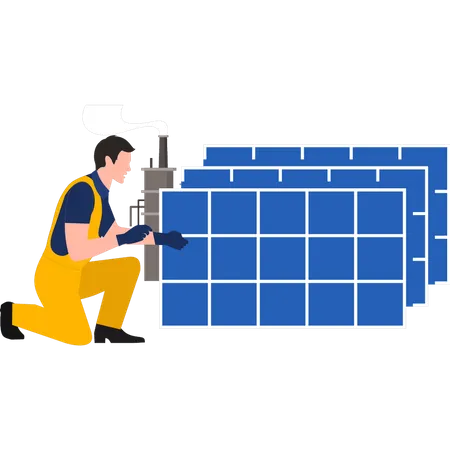 Boy arranging solar panel sheets  Illustration